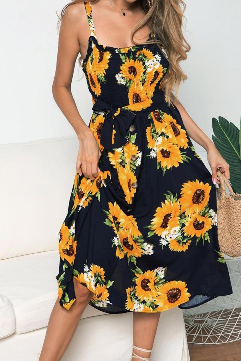 Women's Midi Dresses Color Block Floral Sleeveless Spaghetti Midi Dress