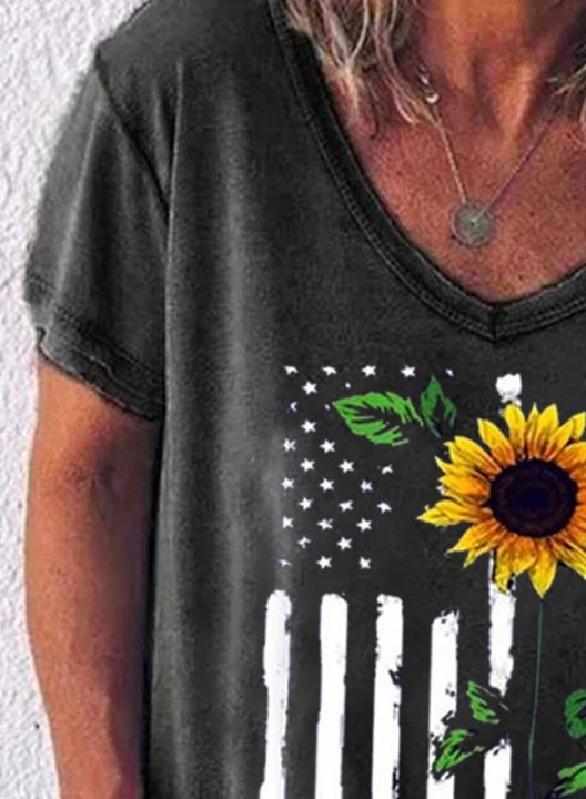 Women's T-shirts Sunflower American Flag Short Sleeve V Neck Casual Daily T-shirts