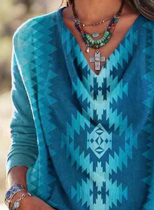 Women's Pullovers Color Block Tribal Letter Long Sleeve V Neck Tunic Pullover