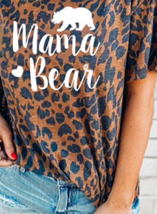 Women's Mama Bear T-shirts Leopard Round Neck Short Sleeve Summer Daily Casual T-shirts