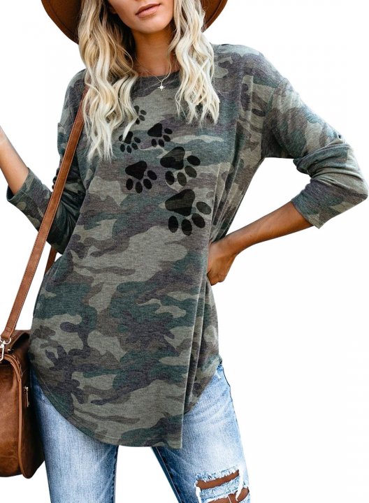 Camouflage Long Sleeve Lip Print Crew Neck Tunic Sweatshirt