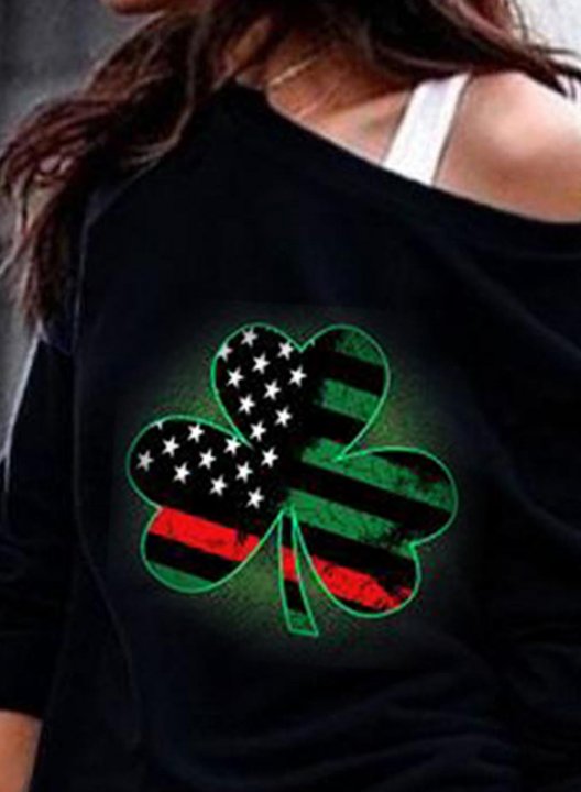 Women's Sweatshirt Shamrock American Flag Solid Cold Shoulder Long Sleeve Daily Sweatshirt