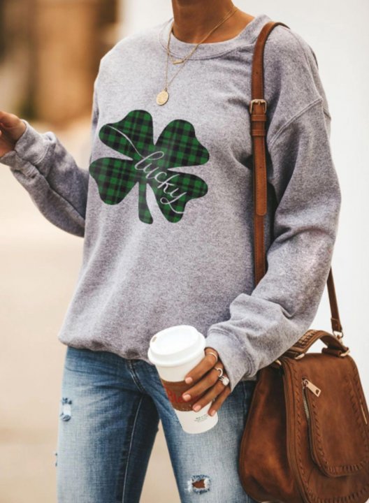 Women's St.Patrick's Day Sweatshirt Plaid Letter Lucky Clover Print Long Sleeve Round Neck Casual Sweatshirt