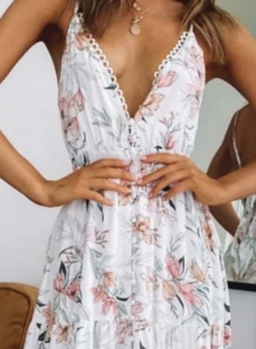 Women's Maxi Dresses Fashion Floral Sleeveless V Neck Split Open-back Knot Dress