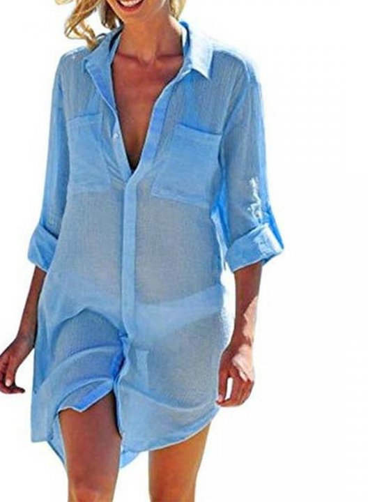 Women's Mini Dresses Fashion Solid Long Sleeve Shift V Neck Beach Dress