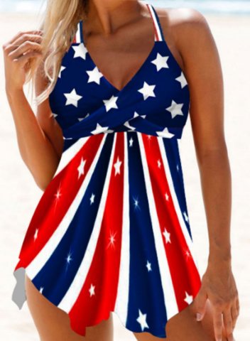 Women's Tankini Sets Star Striped American Flag Print Padded Knot High Waist V Neck Halter Swim Dress