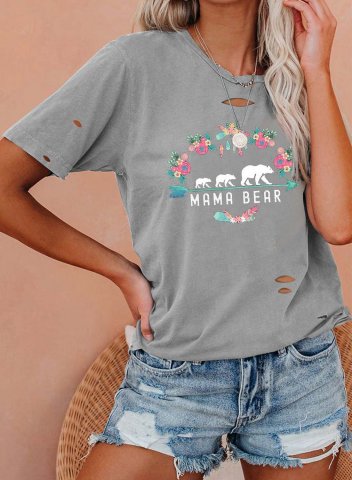 Women's Mama Bear T-shirts Letter Print Short Sleeve Round Neck Casual Ripped T-shirt