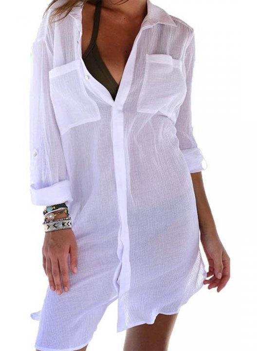 Women's Mini Dresses Fashion Solid Long Sleeve Shift V Neck Beach Dress