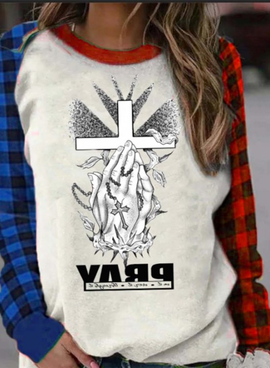 Women's Sweatshirts Plaid Pray Print Round Neck Long Sleeve Casual Daily Sweatshirts