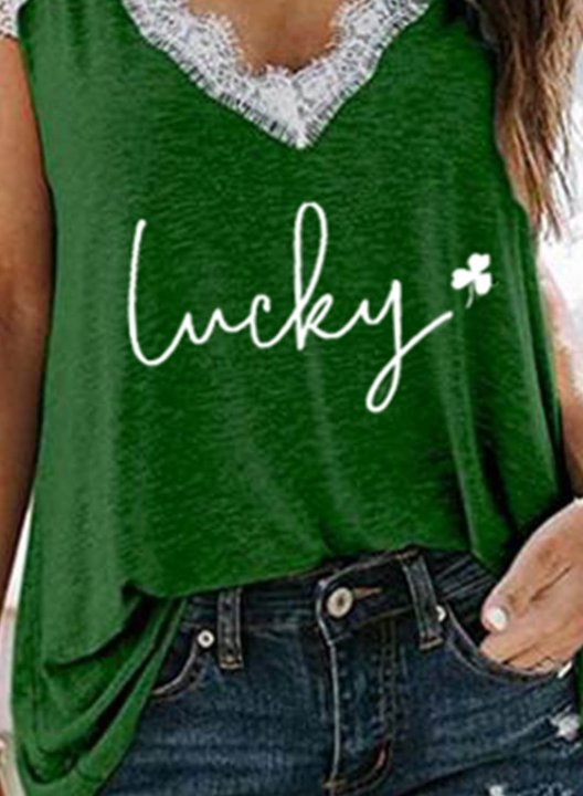 Women's Lucky Shamrock Print T-Shirt Lace Letter Short Sleeve V Neck Daily Casual Tops