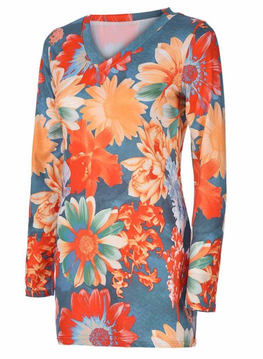 Women's Blouses Color Block Floral Long Sleeve V Neck Daily Tunic Blouse