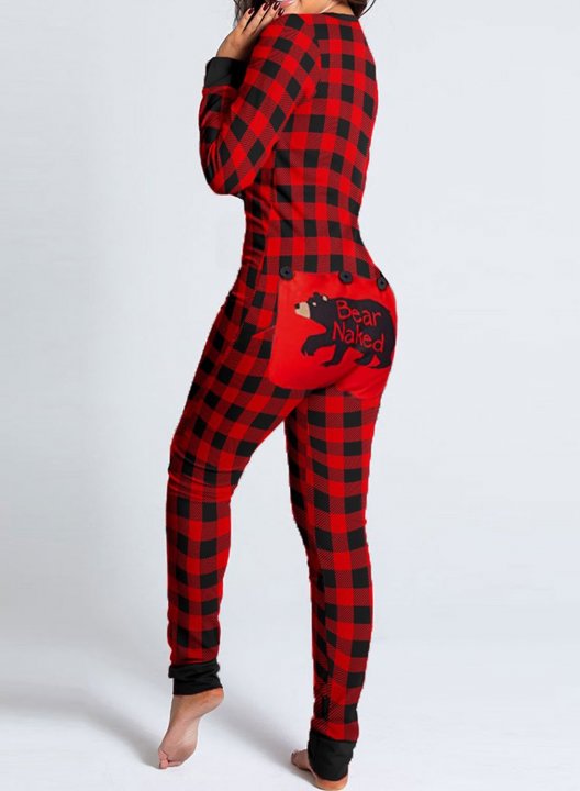 Women's Pajama-Bodysuits Christmas Mama Bear Plaid Print Functional Buttoned Flap Pajama-Bodysuit