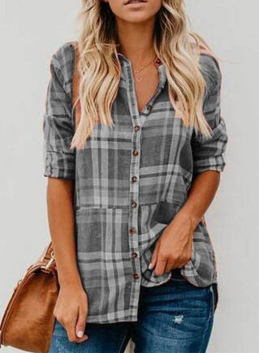 Women's Shirts Plaid Color Block Long Sleeve Turn Down Collar Casual Shirts