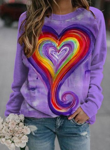 Women's Tie Dye Sweatshirts Color-block Heart Print Long Sleeve Round Neck Casual Sweatshirt