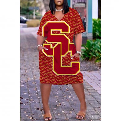 NCAAF Women's USC Trojans Printed V-neck Casual Pocket Dress