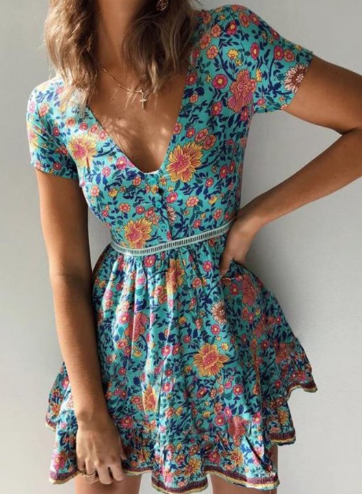 Women's Mini Dresses Floral Tropical Boho Vintage Dress