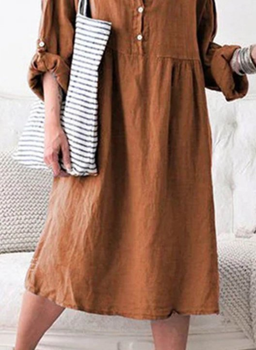 Women's Midi Dresses Solid Long Sleeve Turn Down Collar Casual Boho Midi Dress