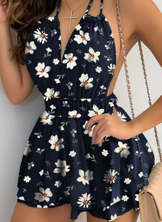 Women's Mini Dresses Fashion Floral Sleeveless V Neck Knot Open-back Dress