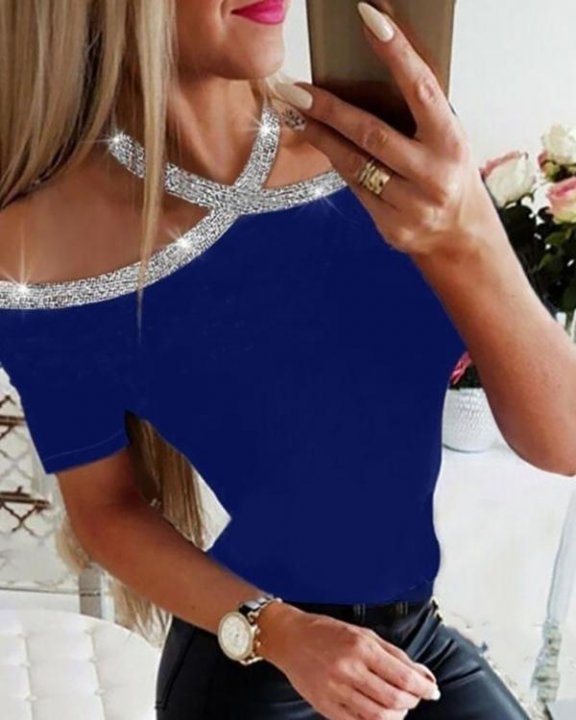 Rhinestone Details Halterneck Short Sleeve Blouse