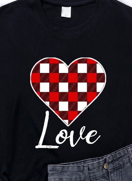 Women's T-shirts Plaid Heart Print Color Block Short Sleeve Round Neck Daily T-shirt