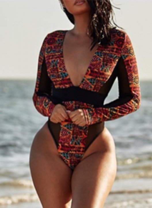 Women's One Piece Swimwear Plaid V Neck Boho One-Piece Swimsuit