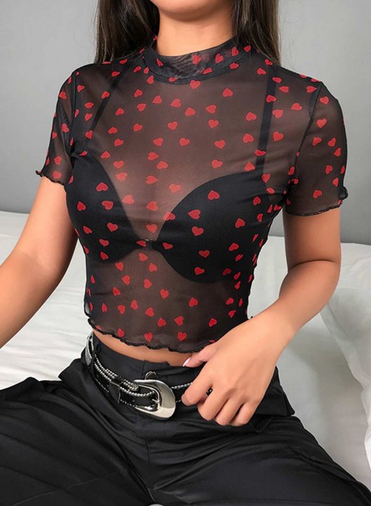 Women's Net Gauze Cute Cropped Short Sleeve Round Neck Pullover