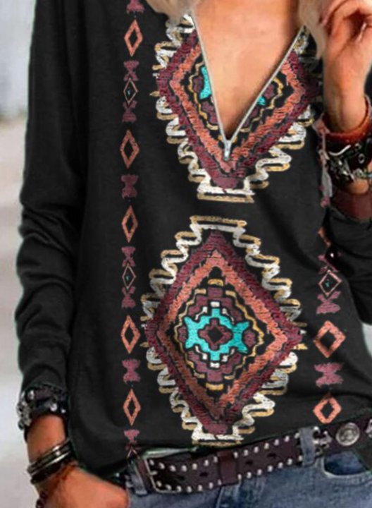 Women's Pullovers Color Block Tribal Long Sleeve V Neck Zip Pullover