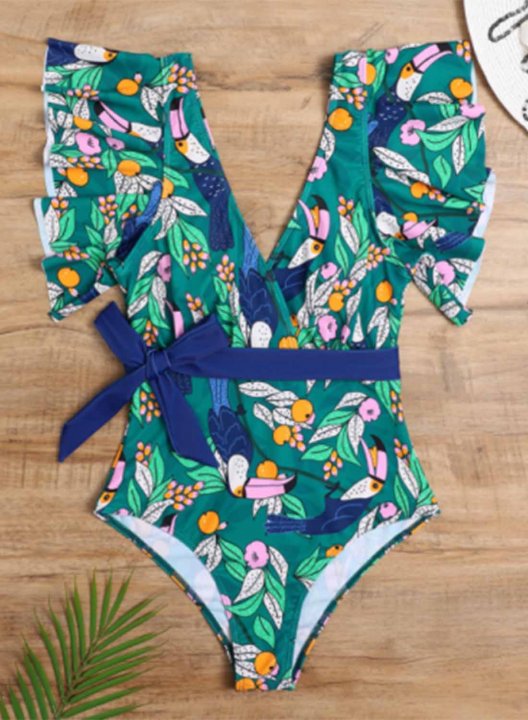 Women's One Piece Swimwear Floral V Neck Short Sleeve Ruffle Knot Casual One-Piece Swimsuits One-Piece Bathing Suits