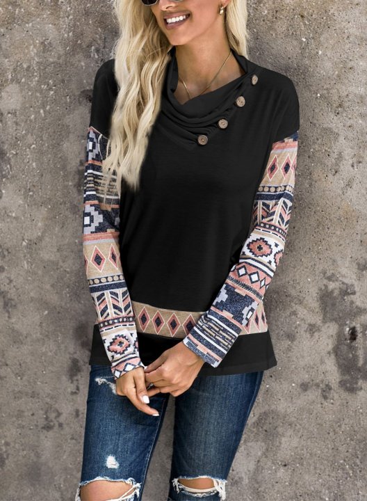 Color Block Long Sleeve Tribal Button Sweatshirt