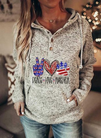 Women's Hoodies Letter Flag Heart-shaped Paw Print Drawstring Button Long Sleeve Color Block Pocket Hoodies