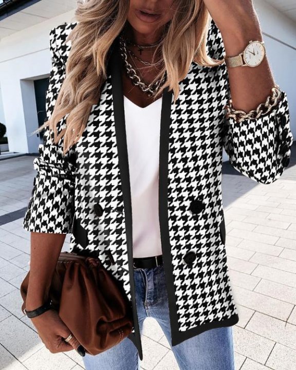 Women's Houndstooth Casual Long Sleeve Lapel Double Breasted Work Office Blazer Jacket