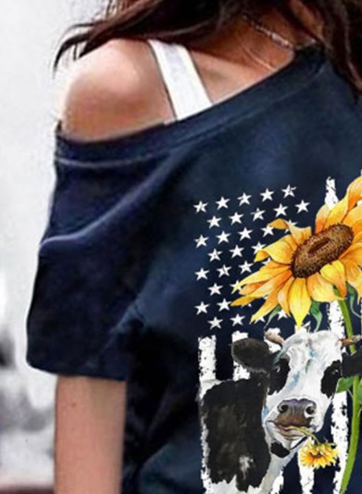 Women's T-shirts Sunflower Cow Flag Cold Shoulder T-shirt