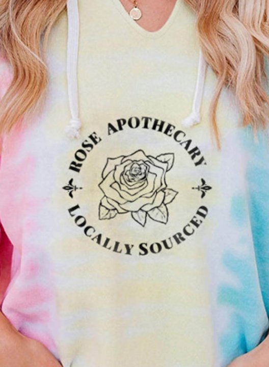 Women's Rose Apothecary Tie Dye Hoodies Drawstring V Neck Long Sleeve Letter Color Block Daily Hoodies