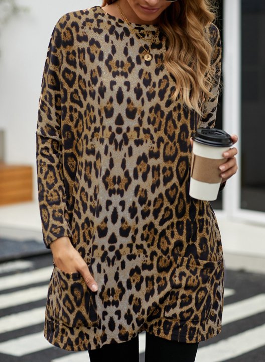 Leopard Round Neck Long Sleeve Tunic Sweatshirt