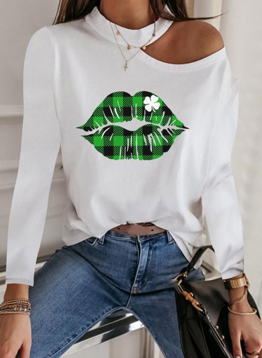 Women's Sweatshirt Plaid Lip Clover Cold Shoulder Long Sleeve Crew Neck Casual Pullovers