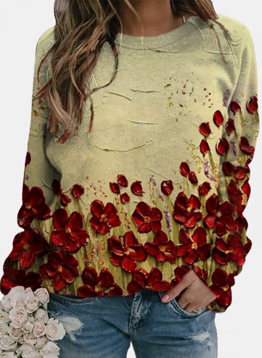 Women's T-shirts Floral Round Neck Long Sleeve Casual Daily T-shirts