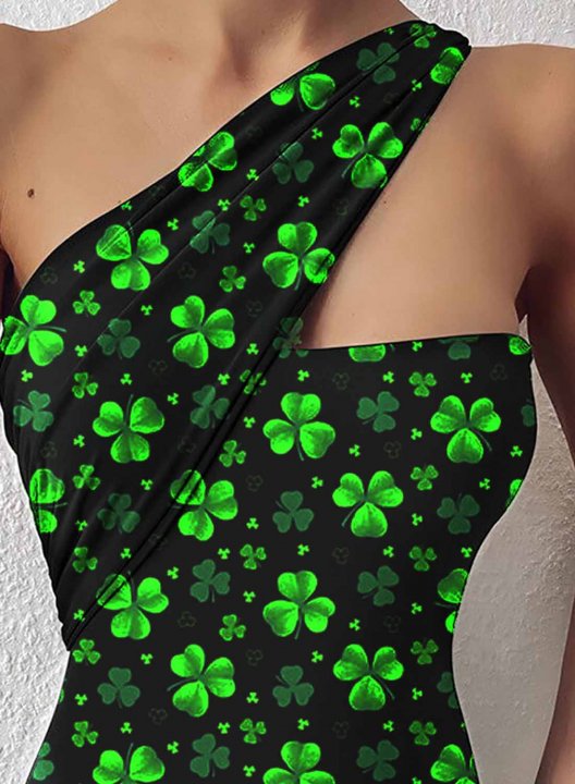 Women's One Piece Swimwear Color Block Clover One-shoulder One-Piece Swimsuit