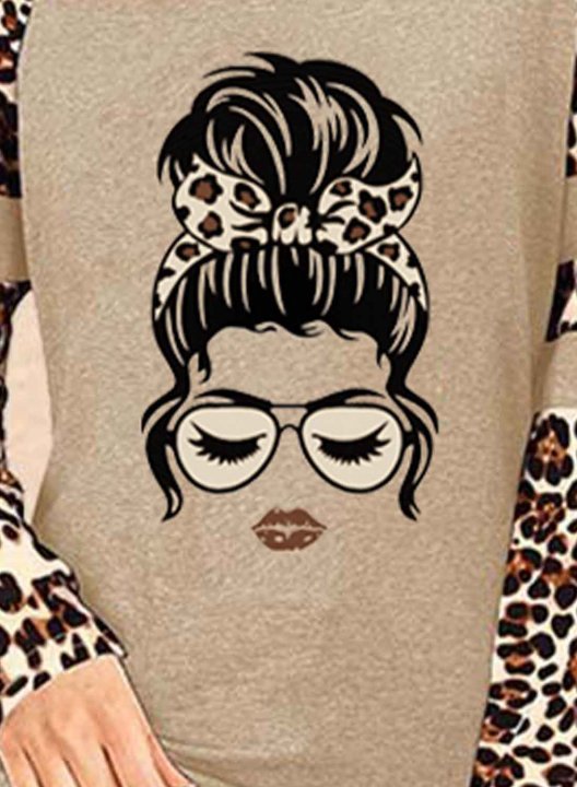 Women's Sweatshirts Leopard Color Block Portrait Round Neck Long Sleeve Casual Daily Sweatshirts