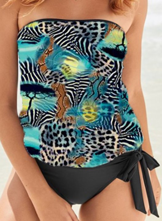 Women's Tankinis Mid Waist Leopard Animal Print Knot Padded Off Shoulder Casual Vacation Tankini Set