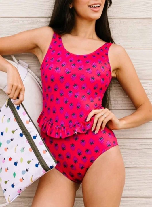 Women's One-Piece Swimsuits One-Piece Bathing Suits Color Block Round Neck Ruffle Casual One-Piece Swimsuits One-Piece Bathing Suits