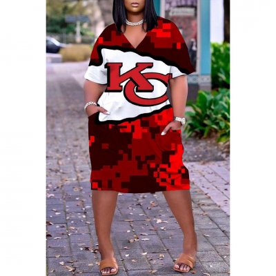 Kansas City Chiefs Print Fashion Casual V Neck Short Sleeve Dress