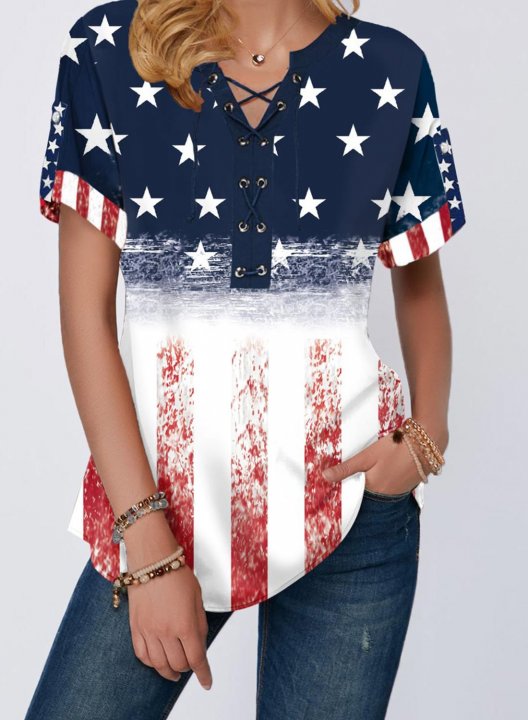 Women's T-shirts Flag Short Sleeve V Neck Daily Basic Tunic T-shirt