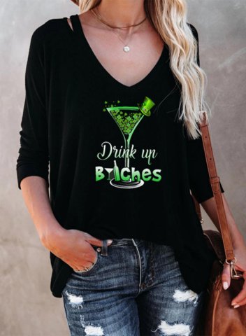 Women's Funny St Patrick's Day Sweatshirt Drink up Bitches Letter Long Sleeve V Neck Casual Cut-out T-Shirt
