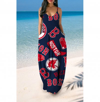 Small V-neck Boston Red Sox Team Print Sleeveless Sling Long Loose Dress