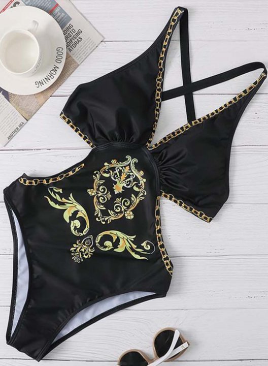 Women's One-Piece Swimsuits One-Piece Bathing Suits Open Back Tribal V Neck One-Piece Swimsuit