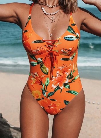 Women's One-Piece Swimsuits One-Piece Bathing Suits Tropical Floral Criss Cross String Halter One-Piece Swimwear