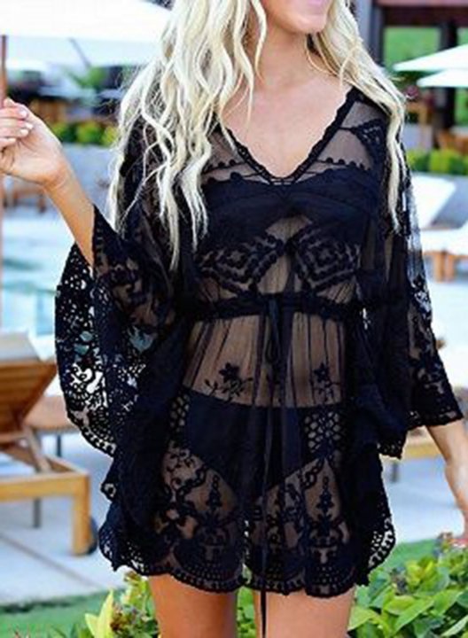 Women's Mini Dresses Fashion Lace 3/4 Sleeve A-line V Neck Vacation Date Dress