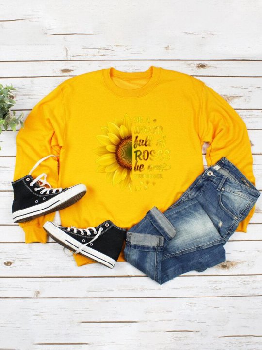 Sunflower Print O-neck Long Sleeves Casual Sweatshirt