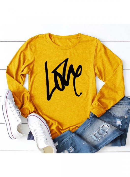 Women's Love Letter Print Shirts Letter Long Sleeve Round Neck Casual T-shirt