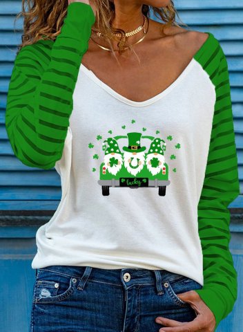 Women's St Patrick's Day Gnome T-shirts Festival Print Long Sleeve V Neck Daily T-shirt